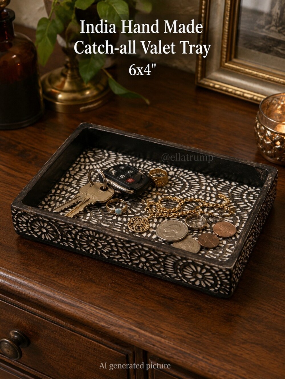 India Hand Made Carved Catch-all Valet Tray 6x4"